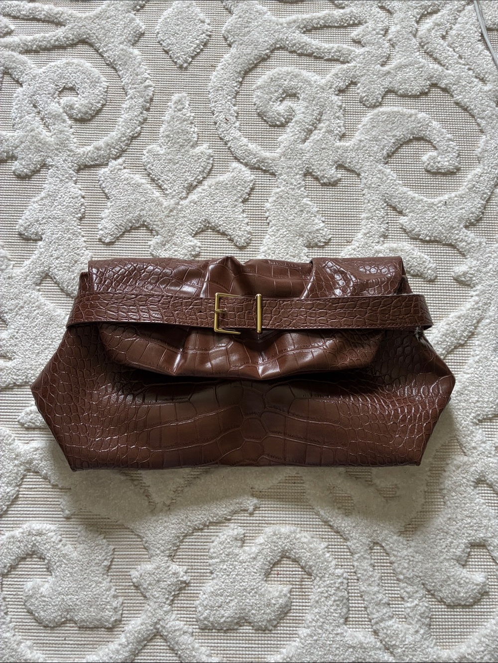 H&M Brown Croc-Embossed Foldover Clutch with Buckle Belt